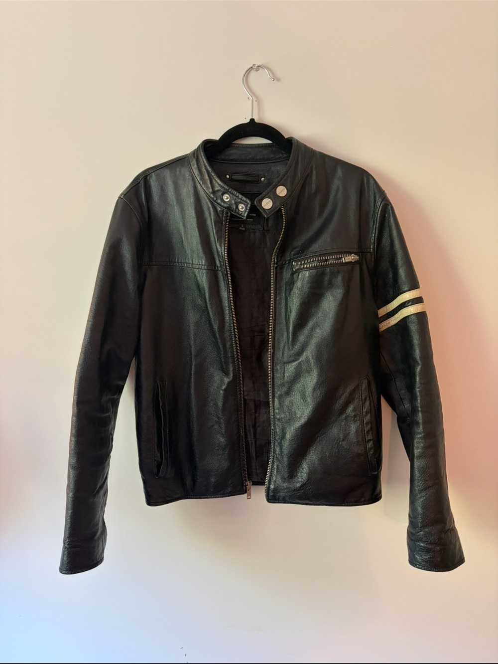Men's Black Leather Biker Jacket with Contrast Arm Stripes
